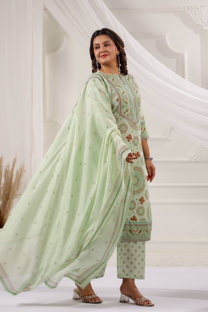 Bandita Pista Green Cotton Straight Suit Set For Women