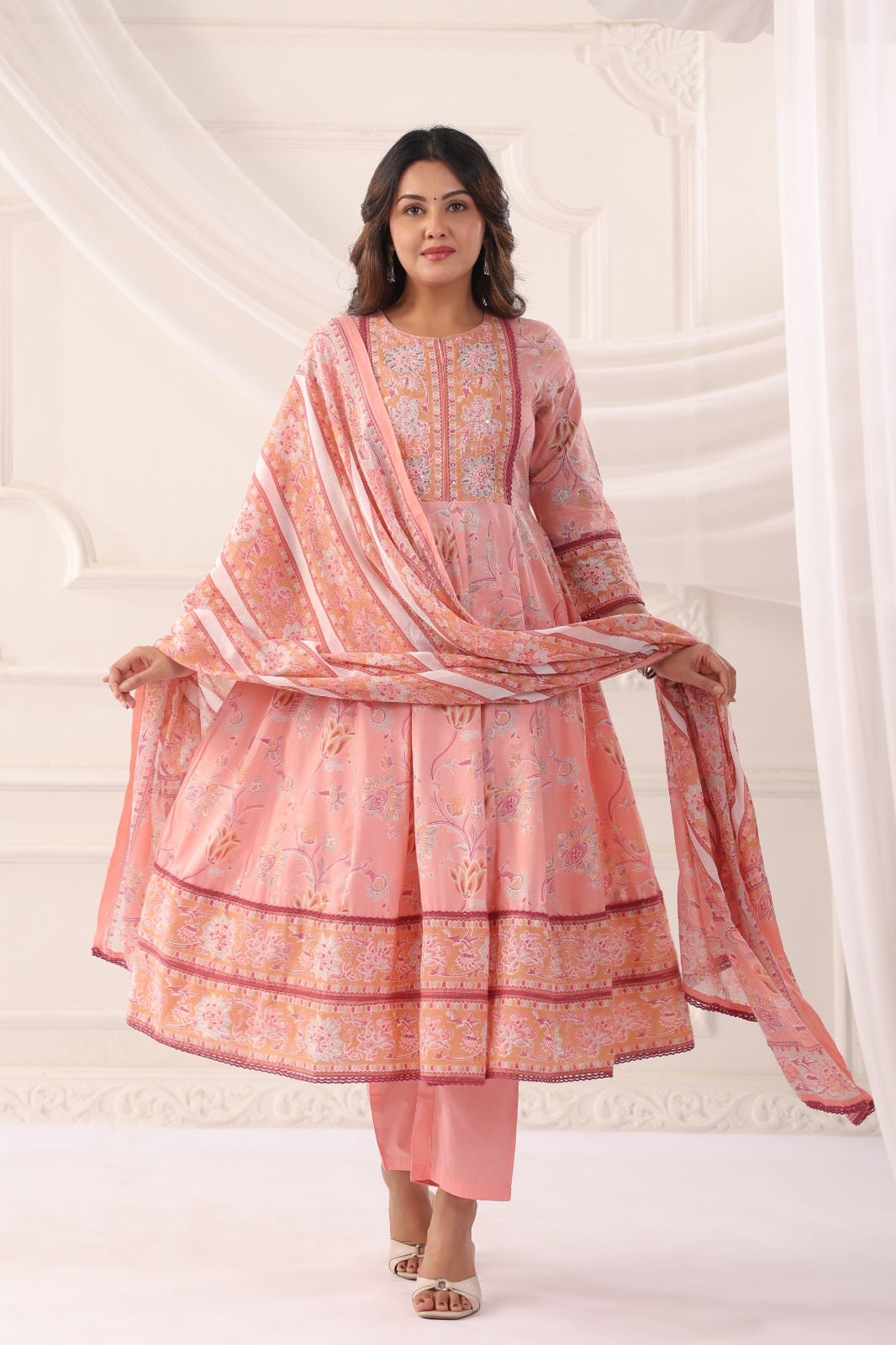 Ishani Pink Cotton Anarkali Suit Set For Women
