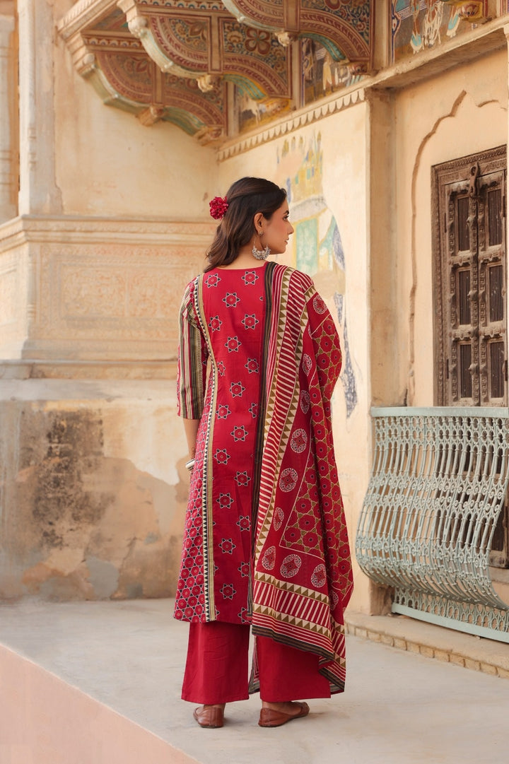 Akshita Red Cotton A Line Suit Set For Women