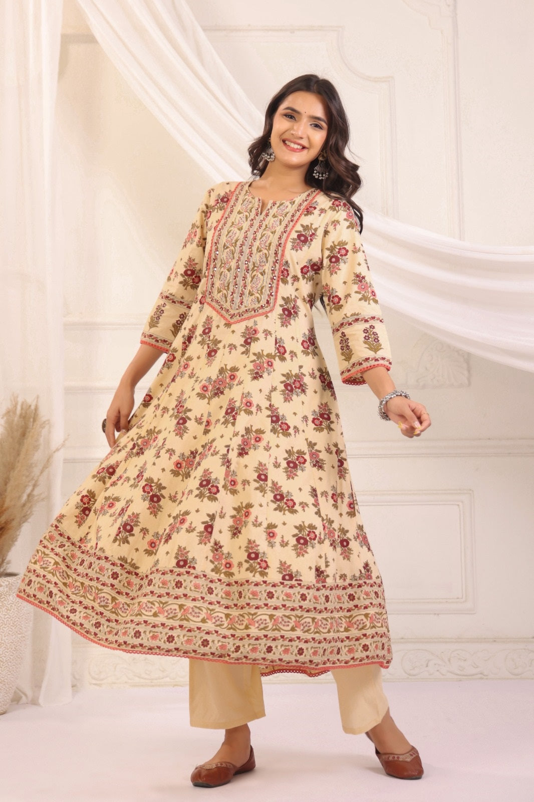 Ramya Beige Maroon Cotton Anarkali Suit Set For Women