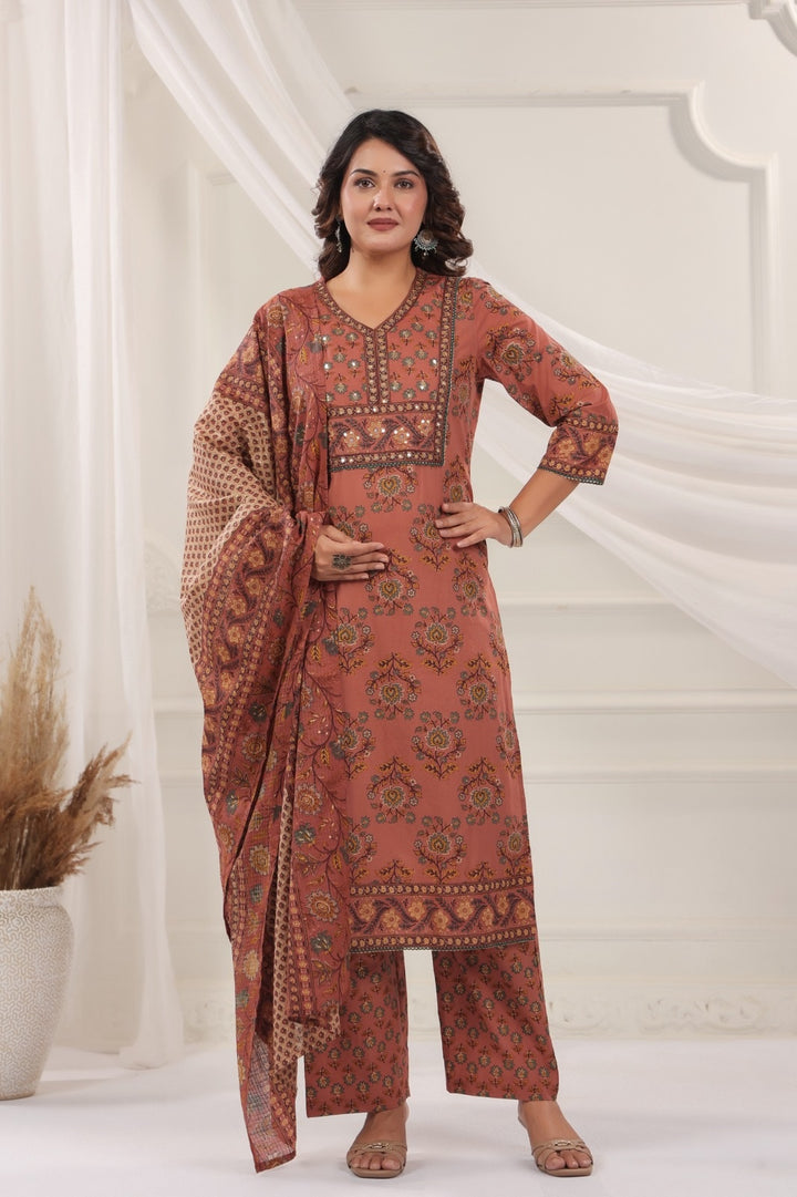 Mukta Peach Cotton Straight Salwar Suit Set With Kota Doria Dupatta For Women
