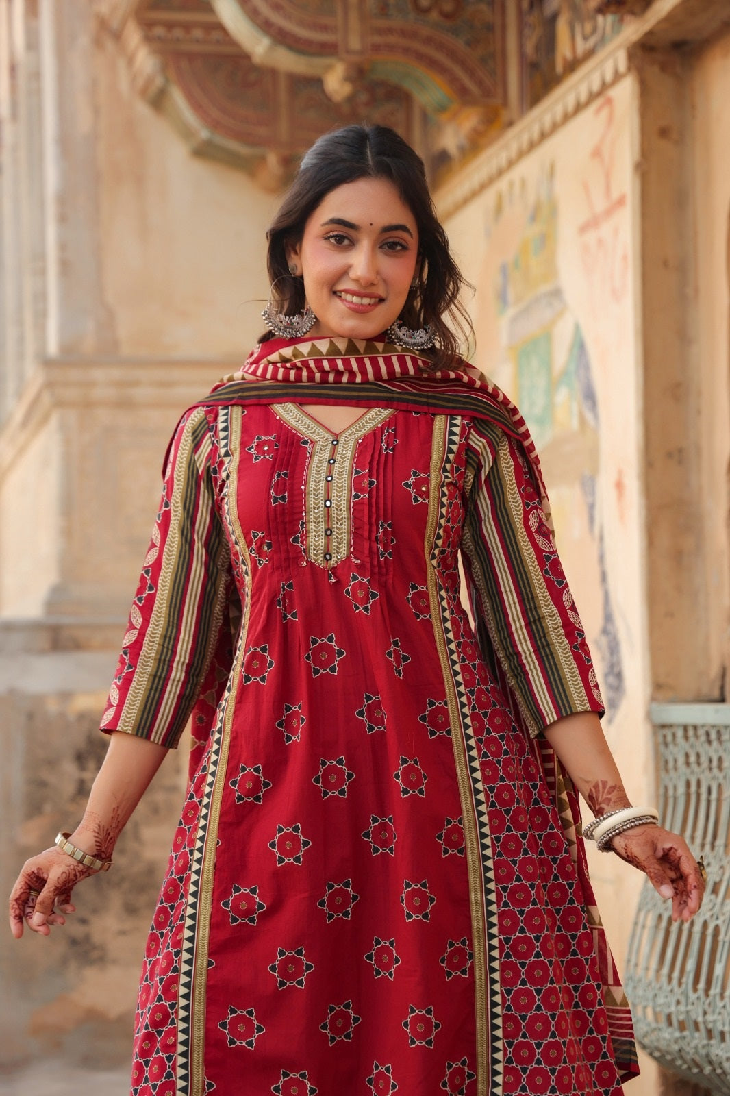 Akshita Red Cotton A Line Suit Set For Women