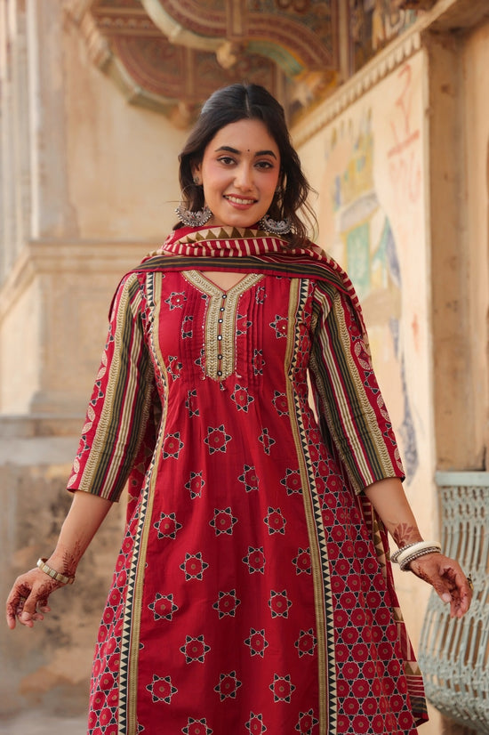 Akshita Red Cotton A Line Suit Set For Women