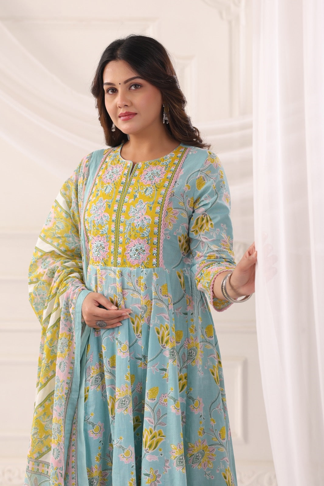Ayana Aqua Blue Cotton Anarkali Suit Set For Women