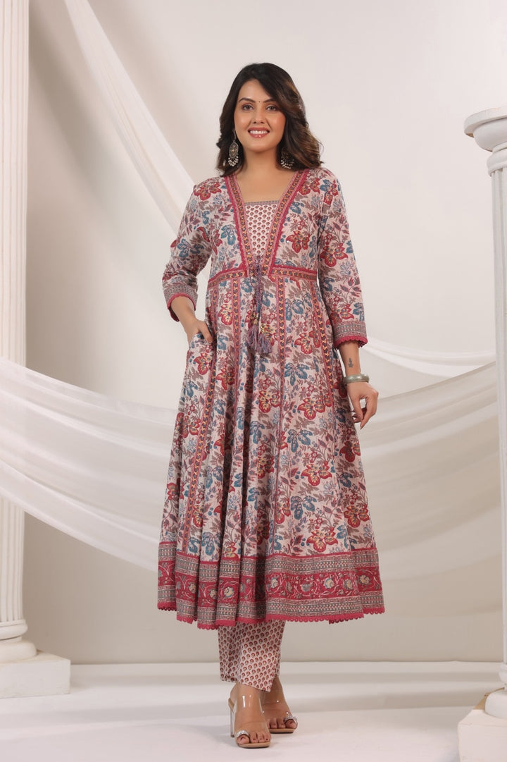 Ambar Blue & Maroon Cotton Anarkali Suit Set