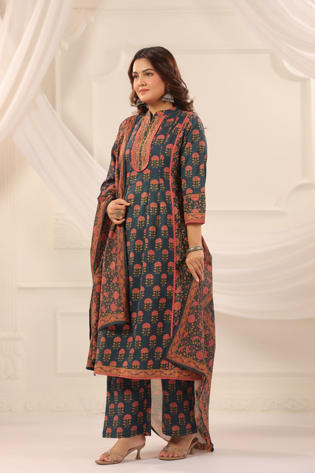 Suru Teal Blue Cotton A Line Suit Set