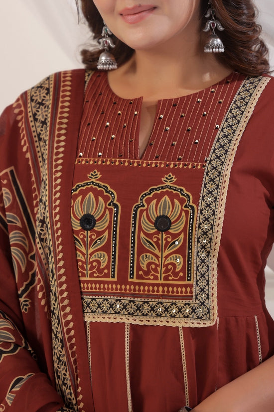 Rukmini Rust Red Cotton Anarkali Suit Set For Women