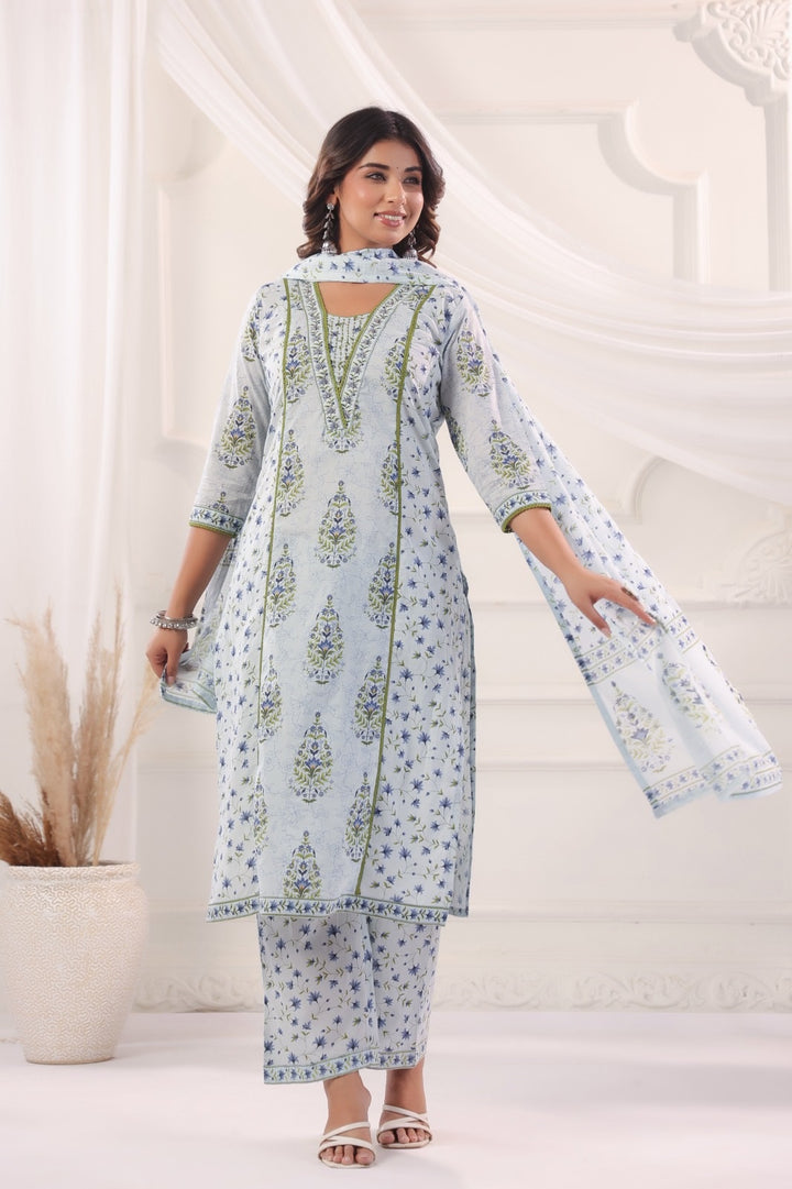 Riddhi Blue Cotton Salwar Suit Set For Women