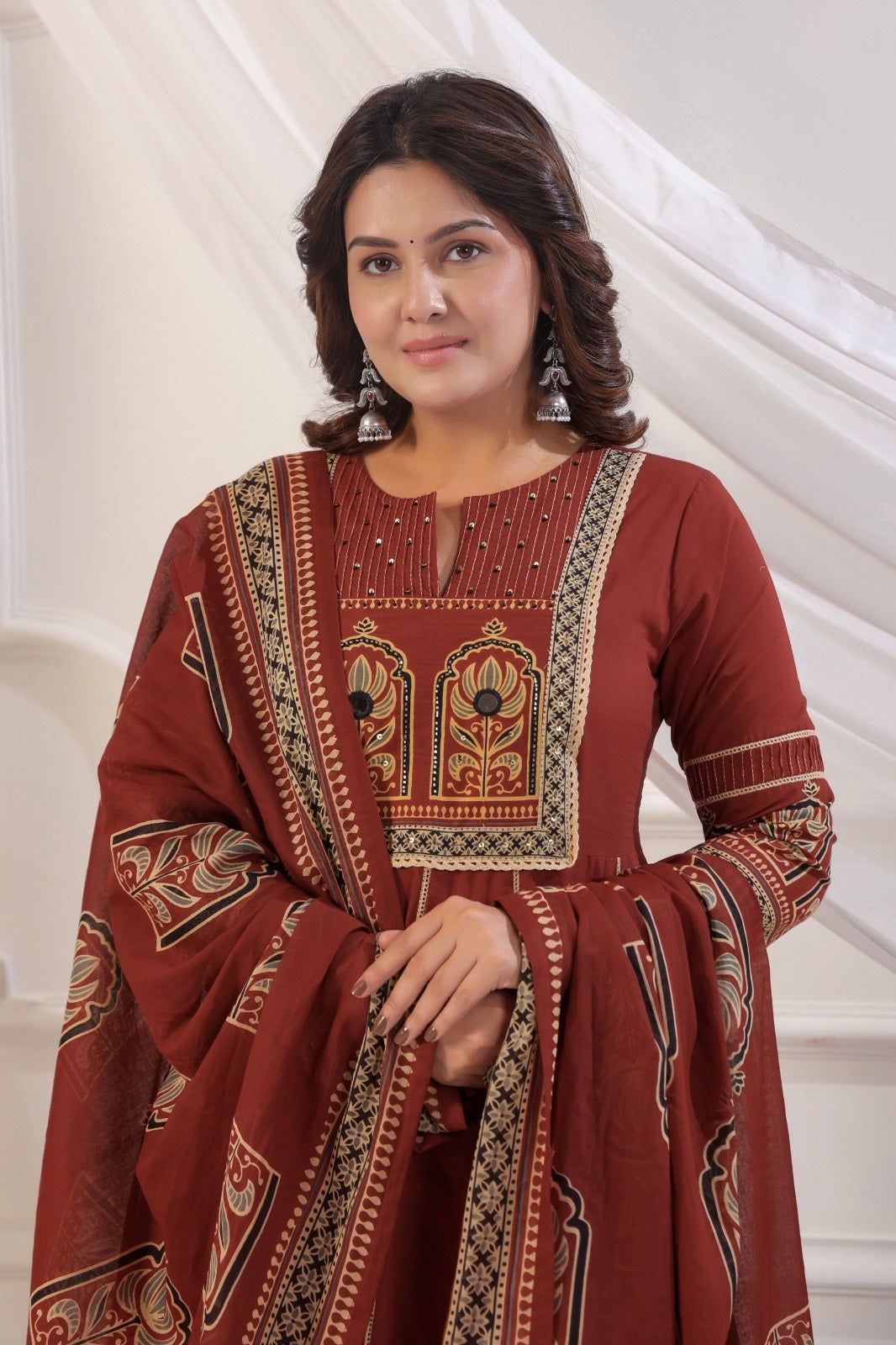 Rukmini Rust Red Cotton Anarkali Suit Set For Women