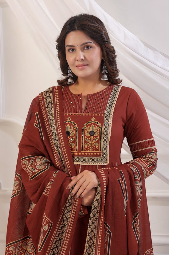 Rukmini Rust Red Cotton Anarkali Suit Set For Women