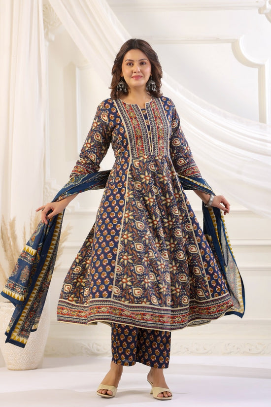 Charvi Blue Cotton Anarkali Suit Set For Women