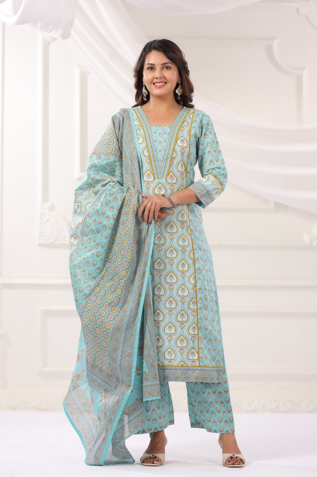 Kavya Aqua Blue Cotton Suit Set For Women