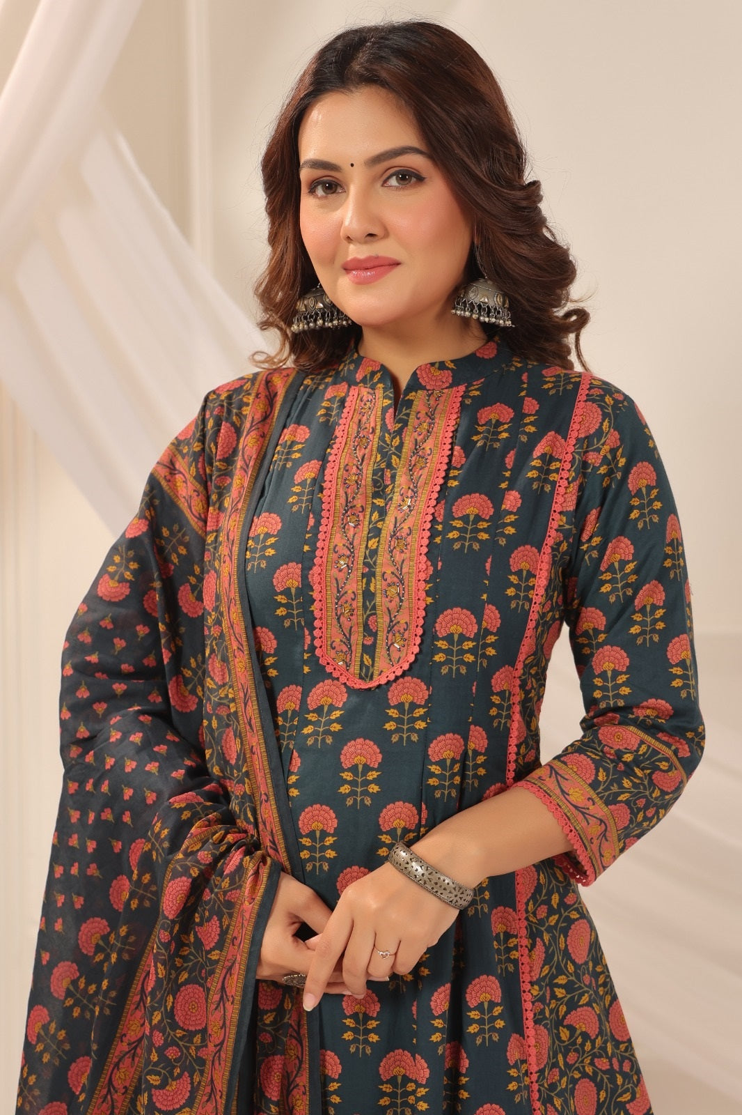 Suru Teal Blue Cotton A Line Suit Set