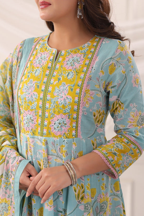 Ayana Aqua Blue Cotton Anarkali Suit Set For Women