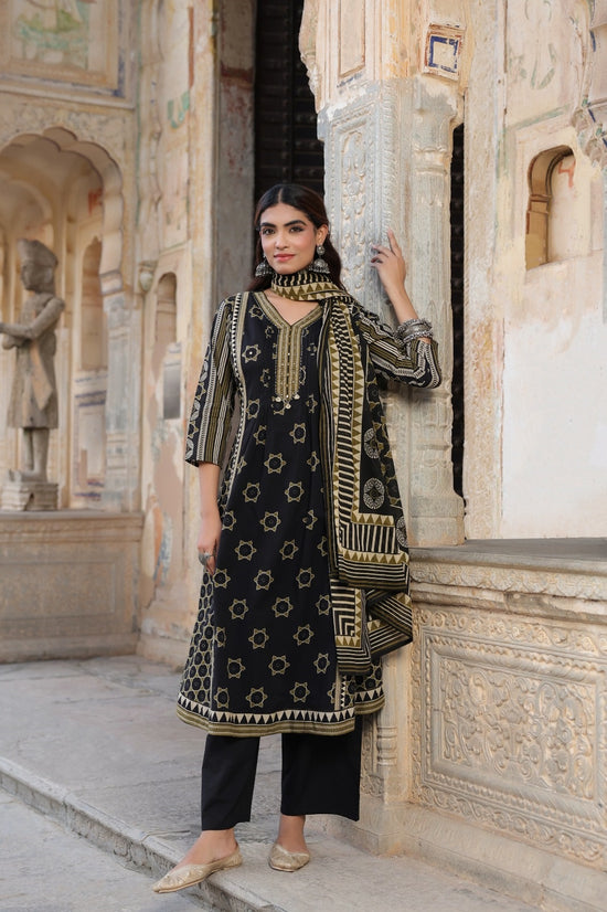 Madhavi Black  Cotton A Line Suit Set For Women