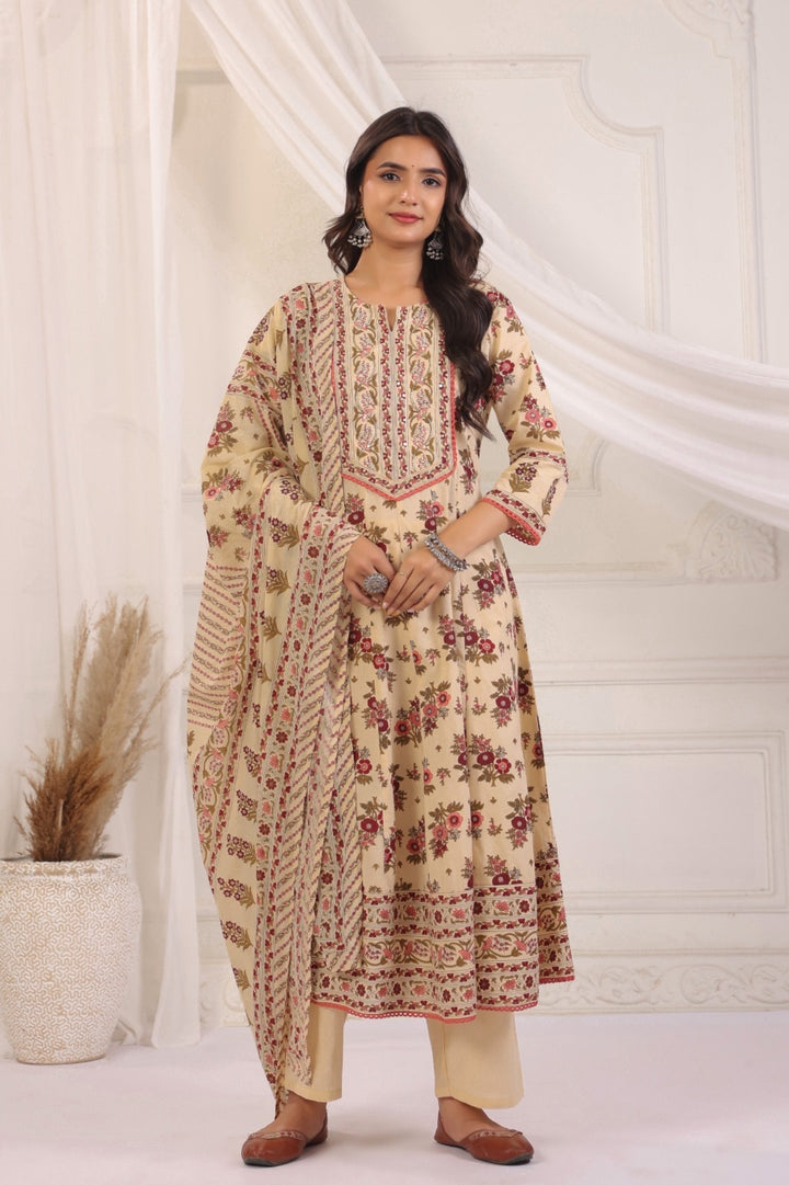 Ramya Beige Maroon Cotton Anarkali Suit Set For Women