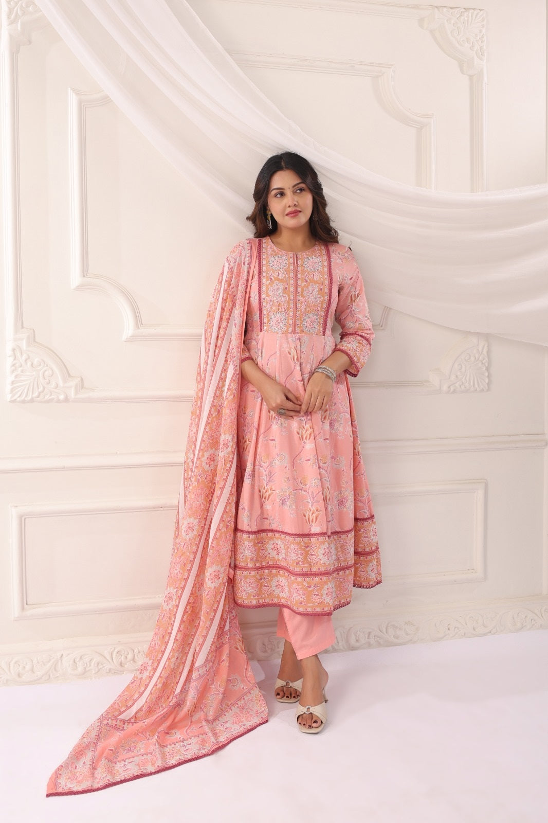 Ishani Pink Cotton Anarkali Suit Set For Women