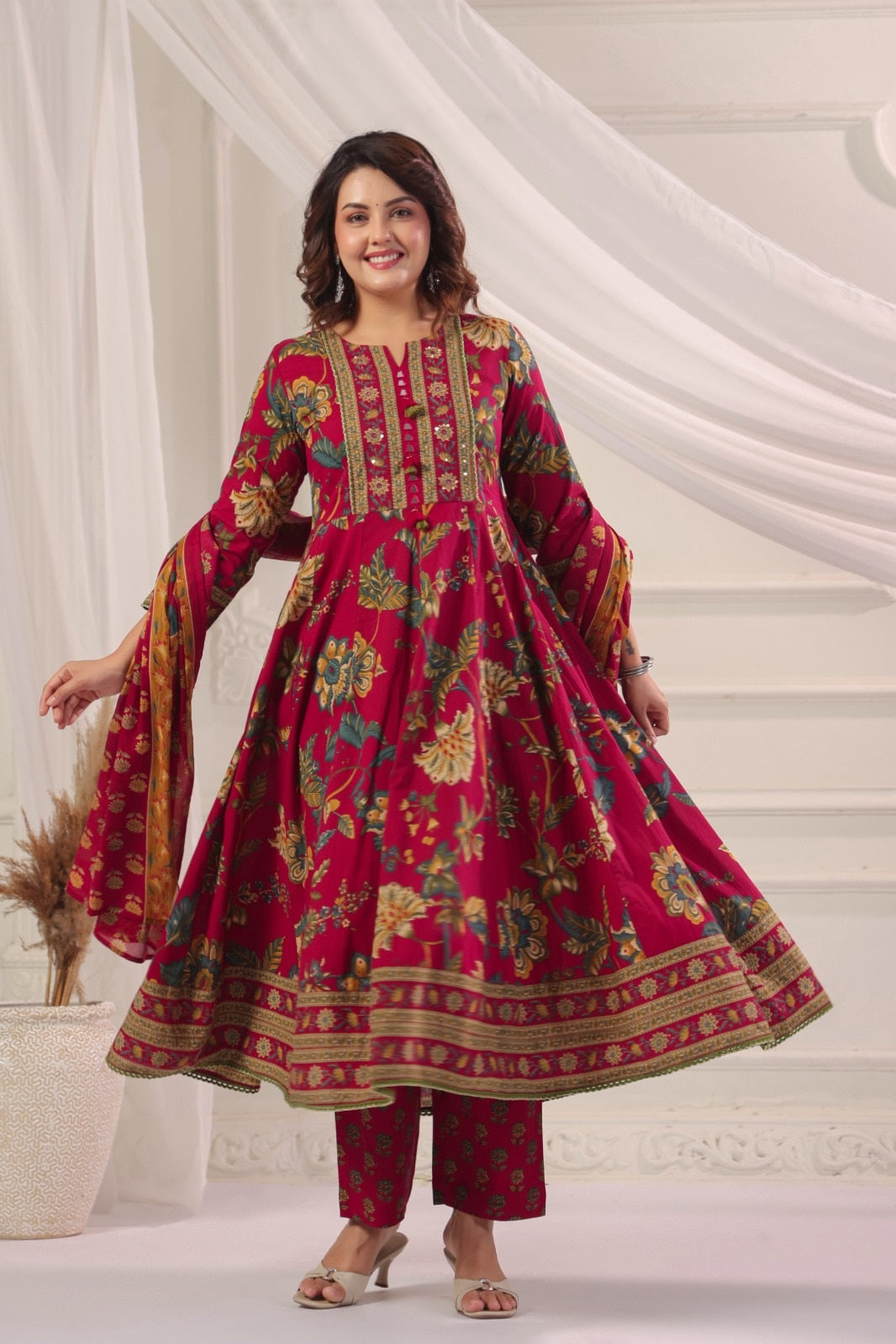 Rukmini Red Cotton Anarkali Suit Set For Women