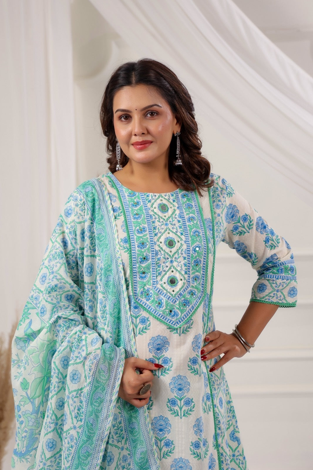 Eesha Atlantic Blue Cotton A Line Suit Set For Women