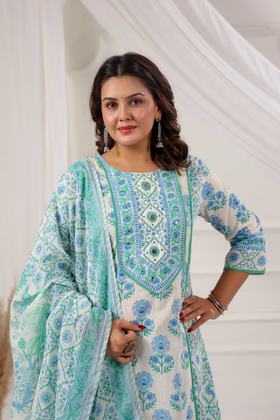 Eesha Atlantic Blue Cotton A Line Suit Set For Women