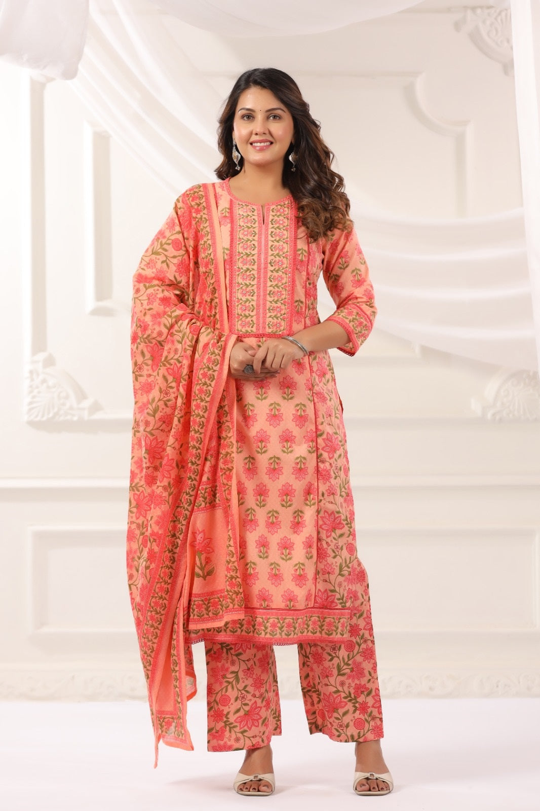 Kanishka Peach Cotton Suit Set For Women