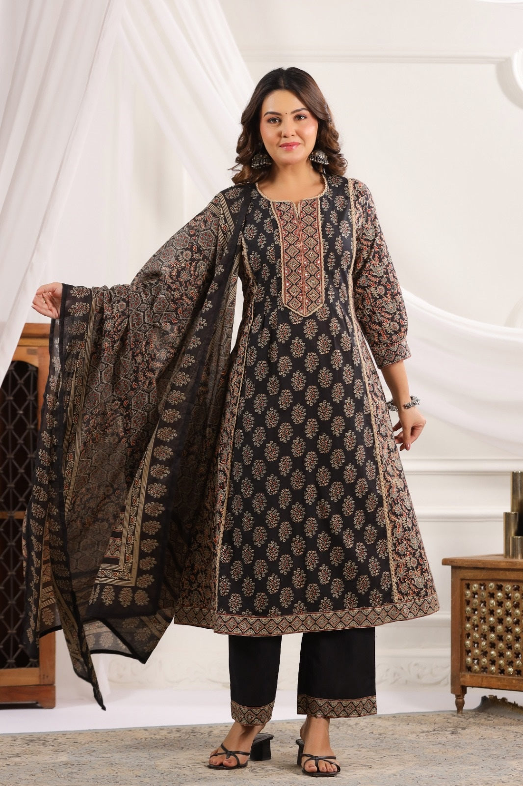 Indira Black Cotton A Line Suit Set