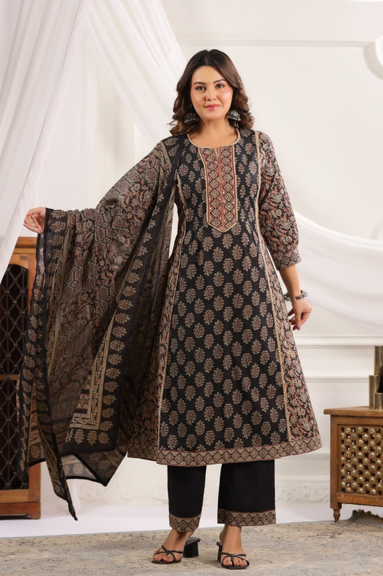 Indira Black Cotton A Line Suit Set