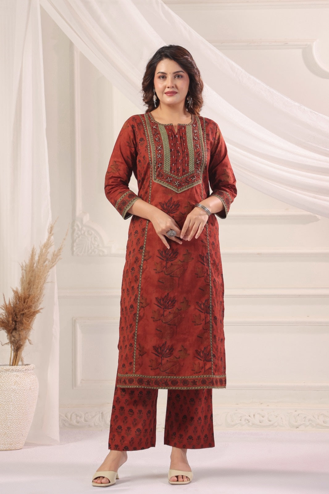 Satya Red Cotton Straight Suit Set For Women