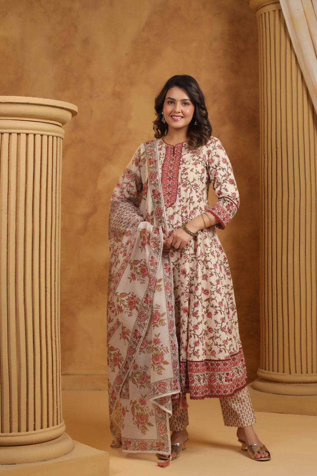 Gulnoor Maroon Cotton Anarkali Suit Set