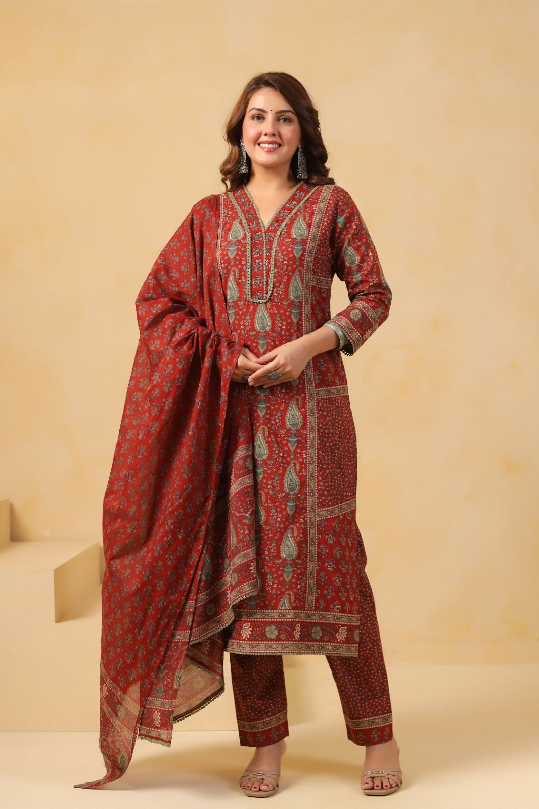 Bhagya Maroon Cotton Suit Set For Women
