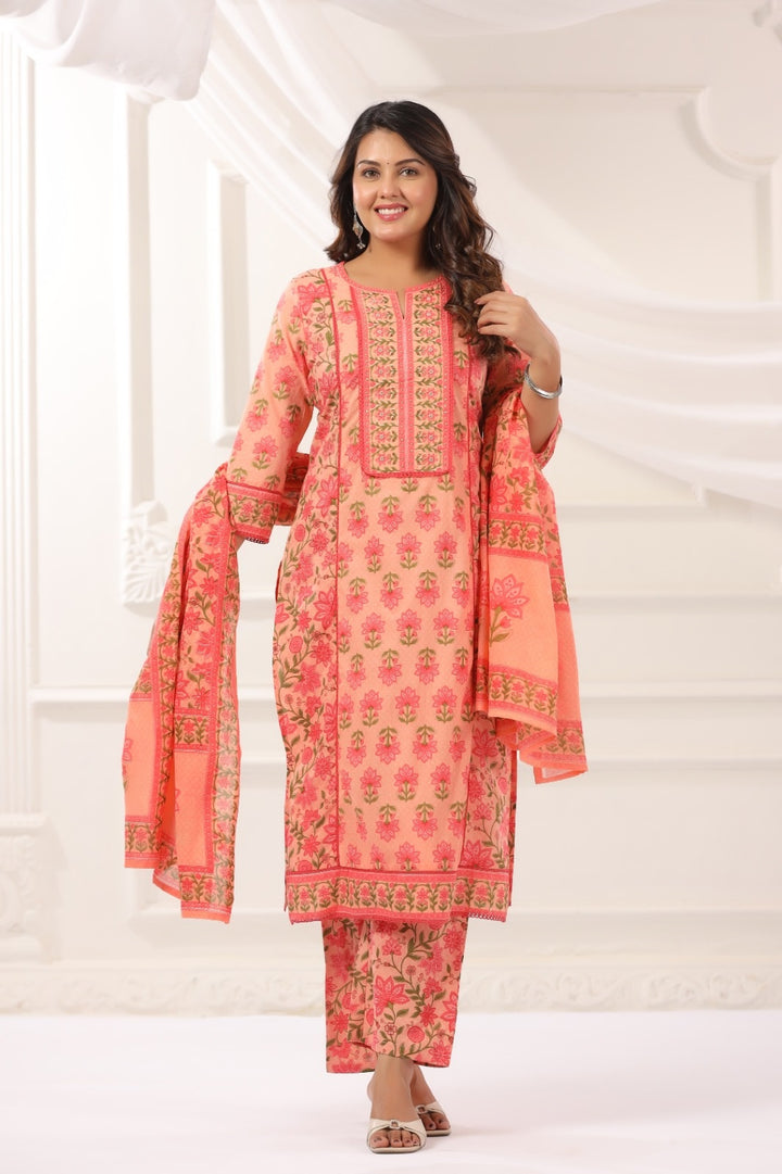 Kanishka Peach Cotton Suit Set For Women