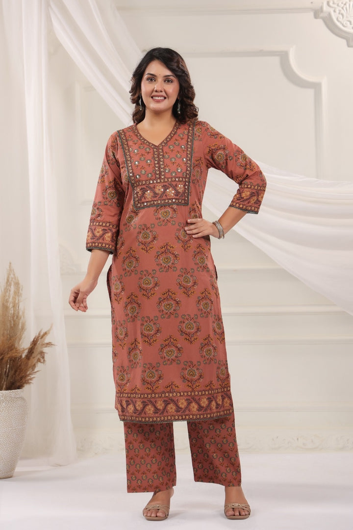 Mukta Peach Cotton Straight Salwar Suit Set With Kota Doria Dupatta For Women