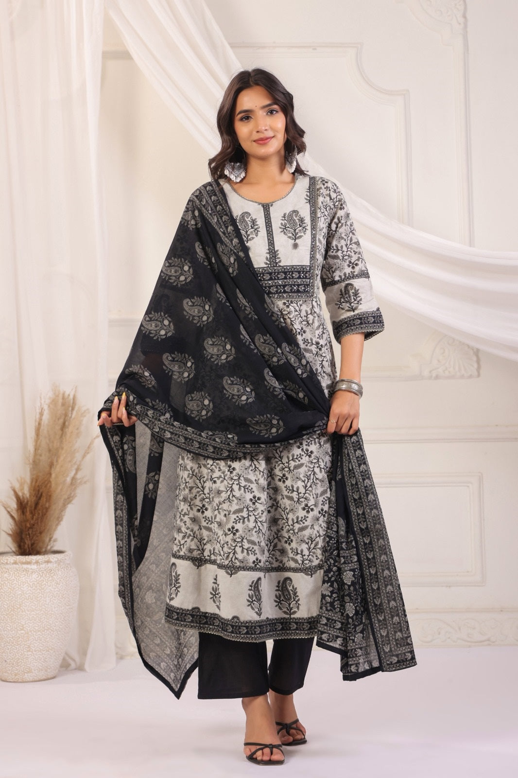 Yuvika Grey Cotton Anarkali Suit Set For Women