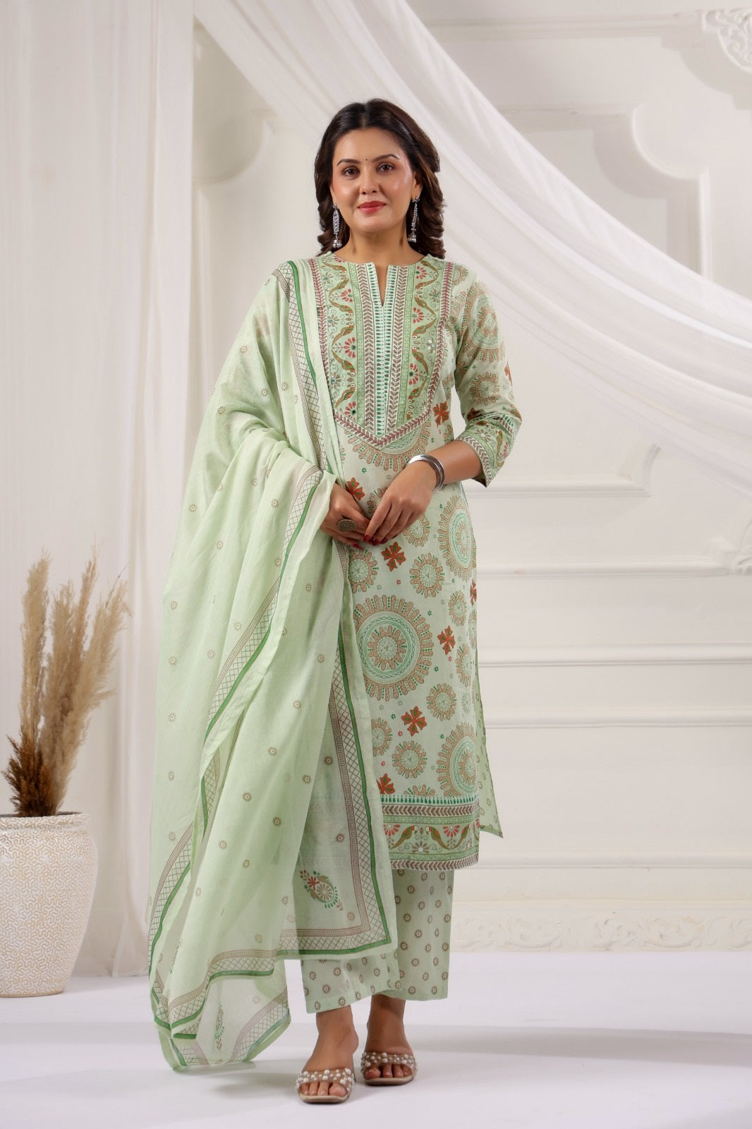 Bandita Pista Green Cotton Straight Suit Set For Women