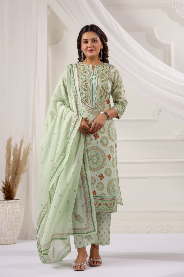 Bandita Pista Green Cotton Straight Suit Set For Women