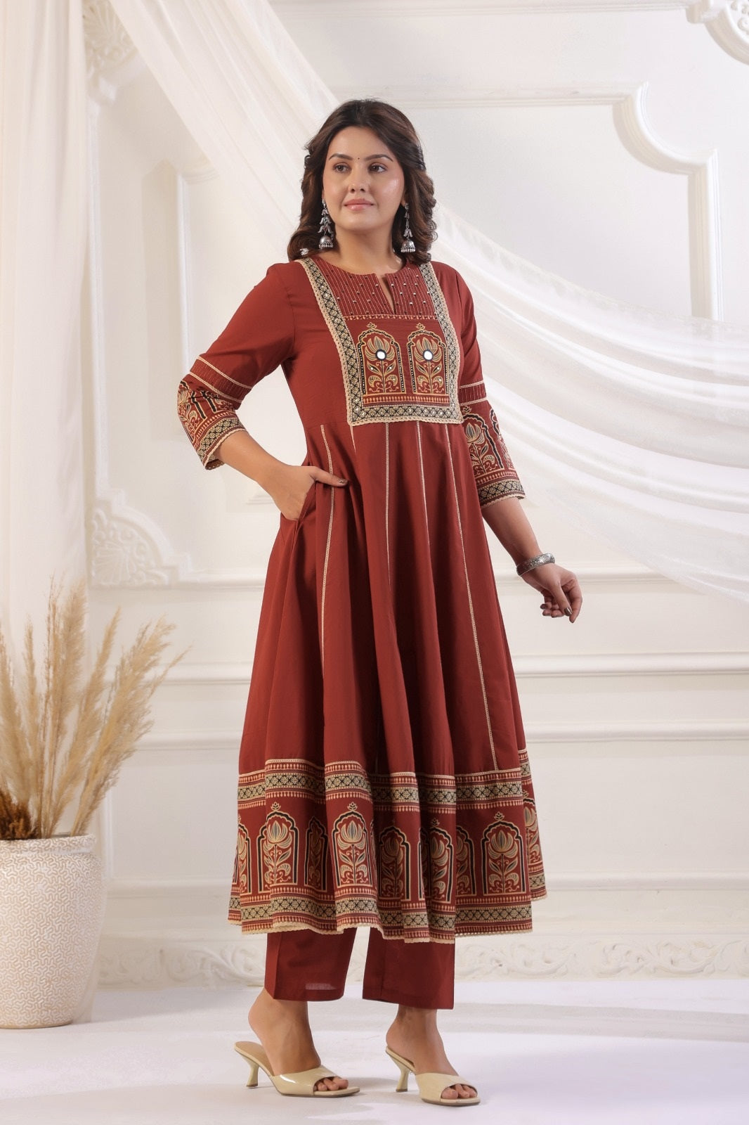 Rukmini Rust Red Cotton Anarkali Suit Set For Women