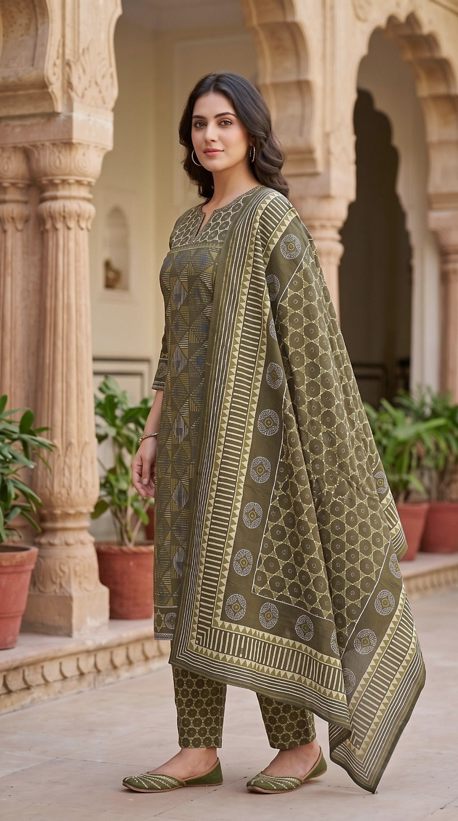 Sanika Green Premium Cotton Straight Salwar Suit Set For Women