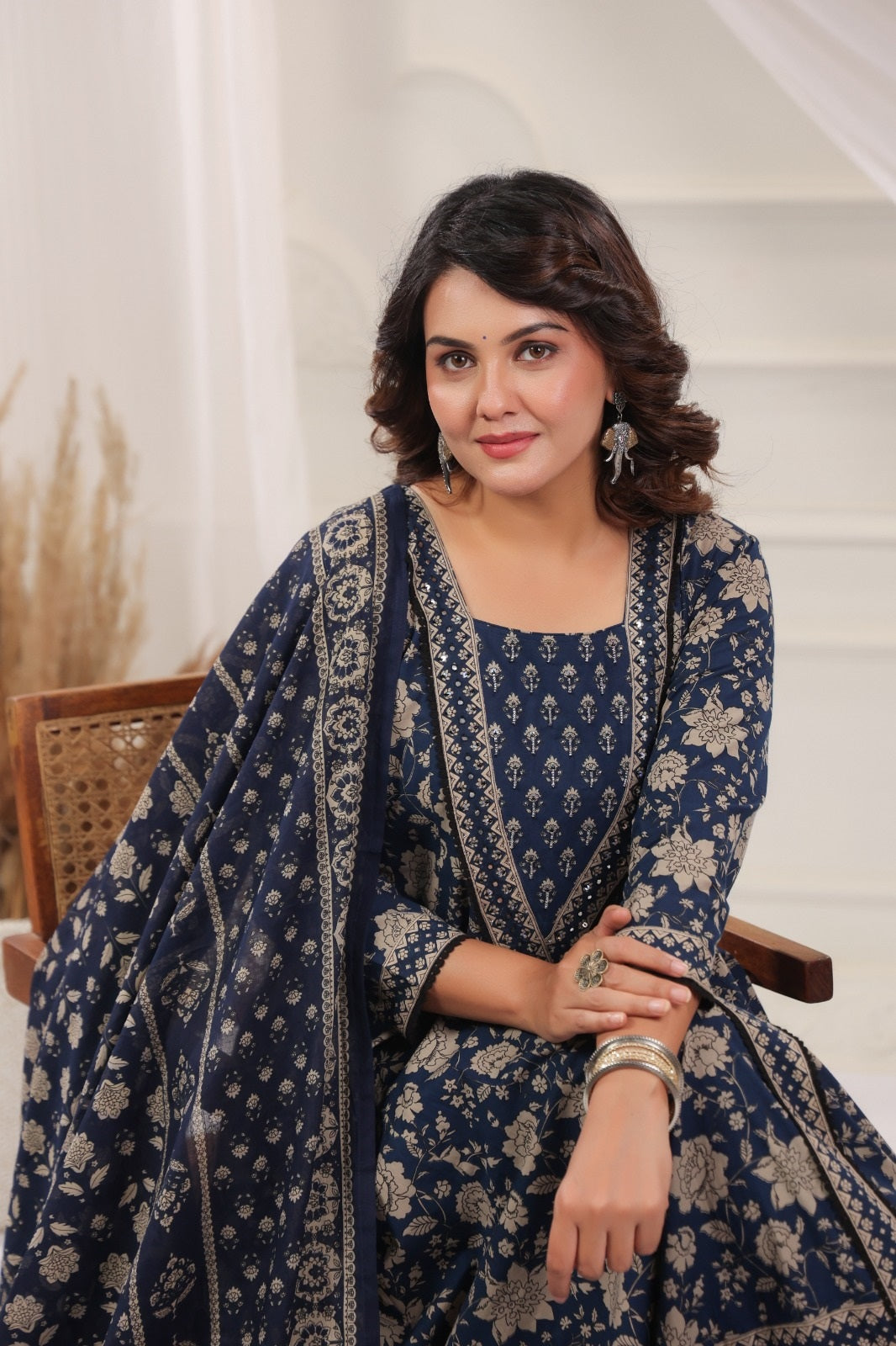 Seema Navy Blue Cotton Anarkali Suit Set