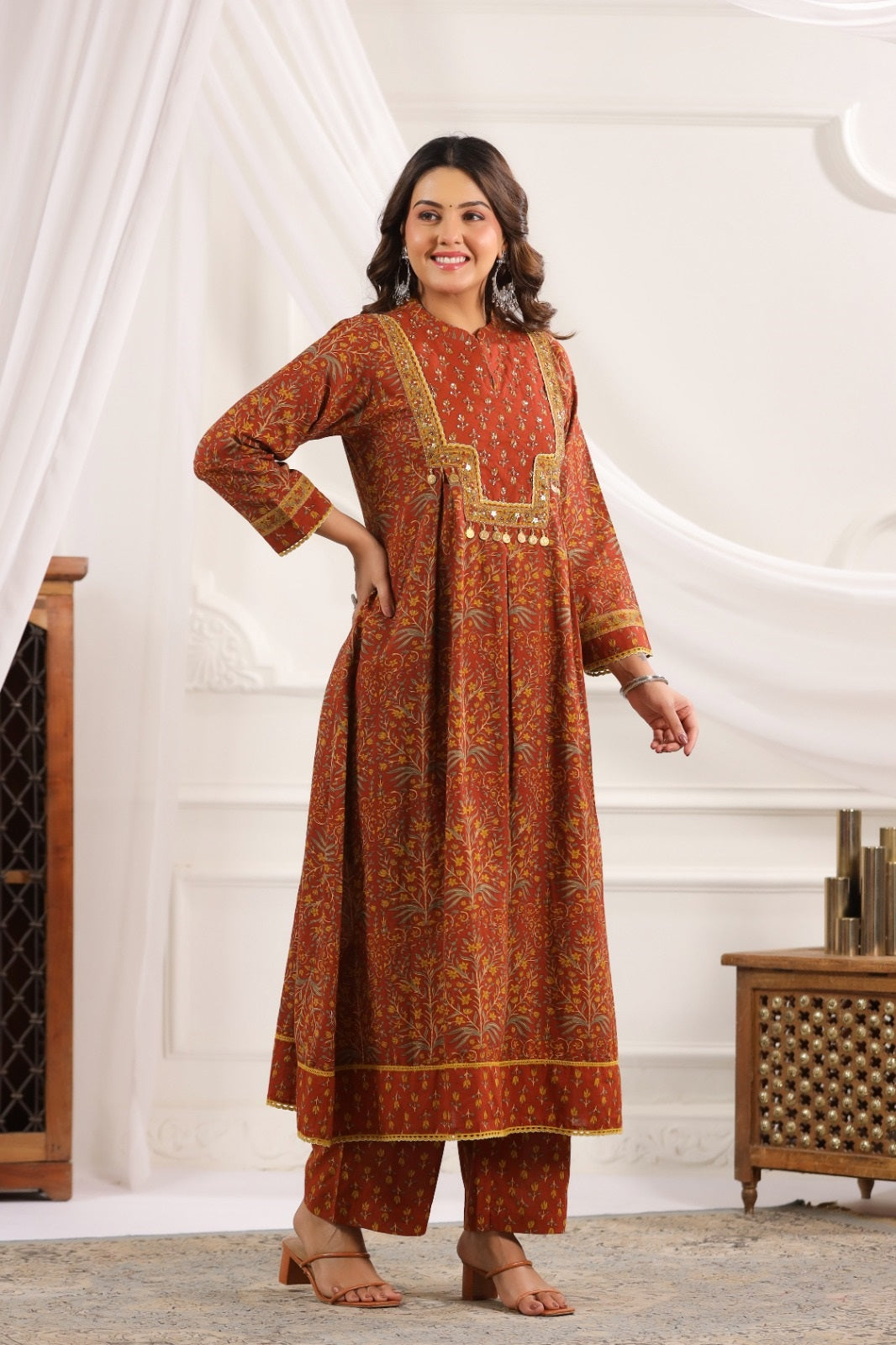 Adira Brown Cotton A Line Suit Set For Women