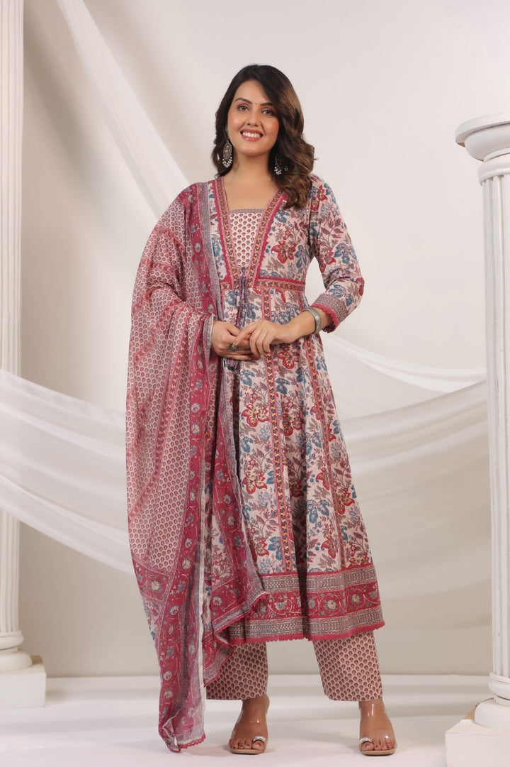Ambar Blue & Maroon Cotton Anarkali Suit Set