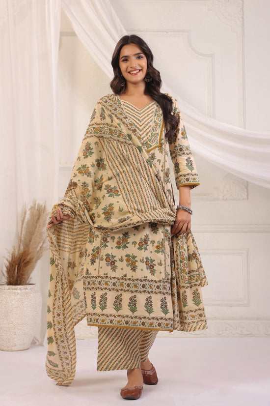 Bhoomi Beige Green Cotton Straight Suit Set For Women