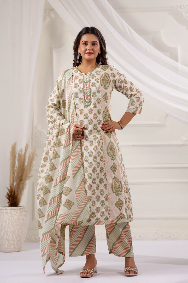 Ojasvi Pista Green Cotton A Line Suit Set For Women