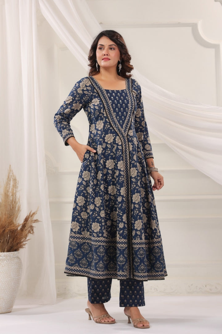 Seema Navy Blue Cotton Anarkali Suit Set