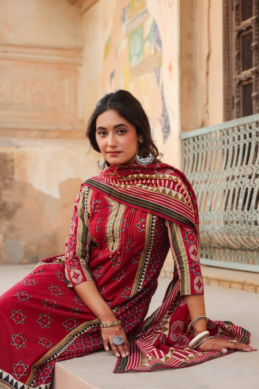 Akshita Red Cotton A Line Suit Set For Women