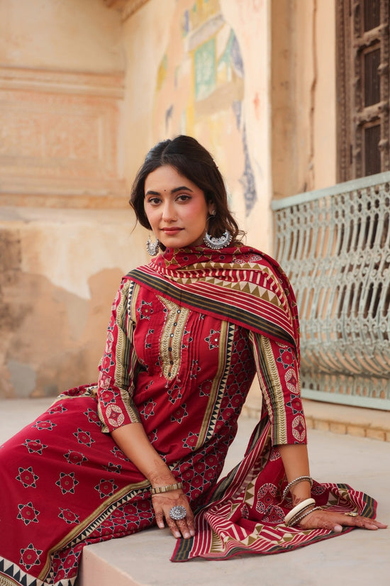Akshita Red Cotton A Line Suit Set For Women