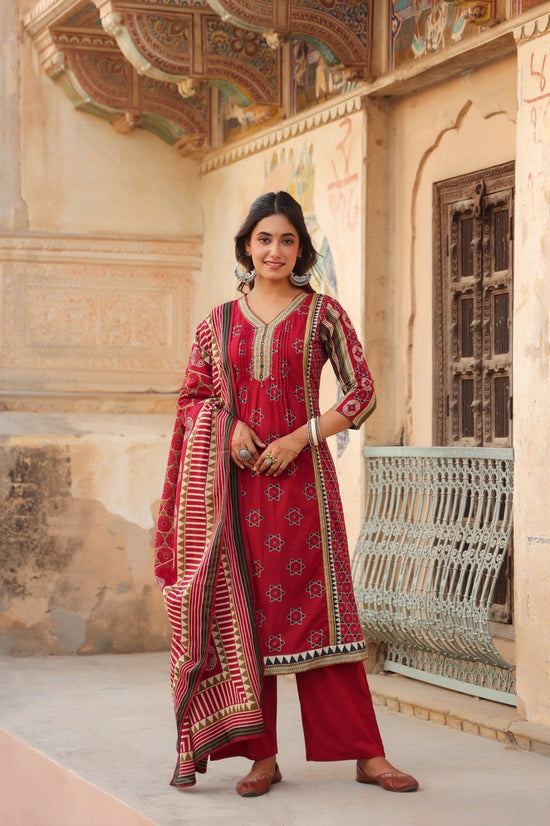 Akshita Red Cotton A Line Suit Set For Women