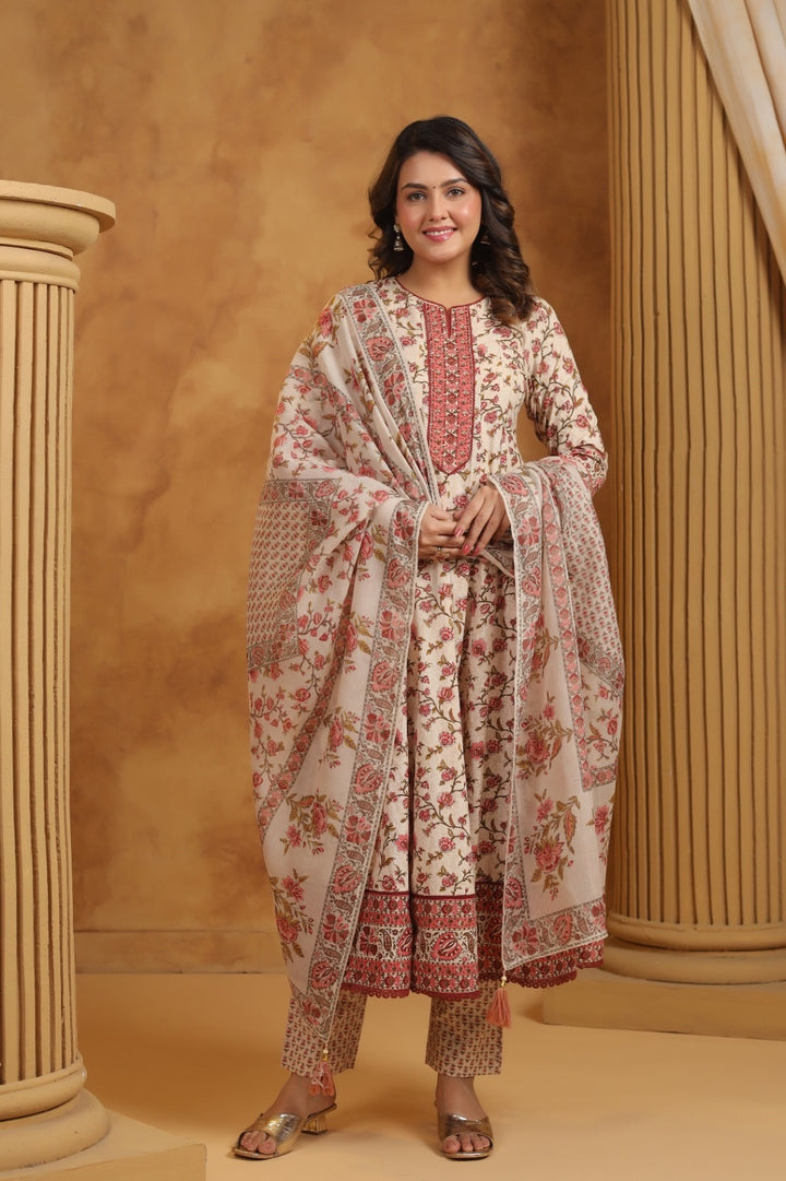 Gulnoor Maroon Cotton Anarkali Suit Set