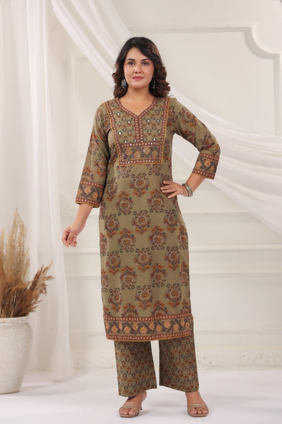 Bhanu Olive Green Cotton Straight Salwar Suit Set With Kota Doria Dupatta For Women