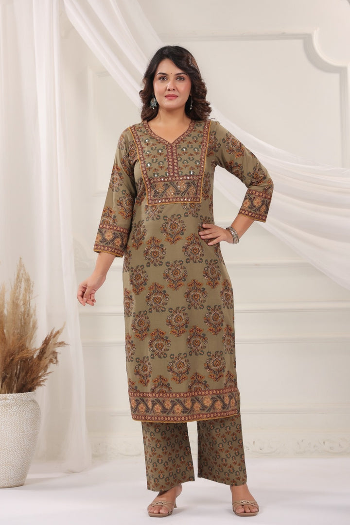 Bhanu Olive Green Cotton Straight Salwar Suit Set With Kota Doria Dupatta For Women