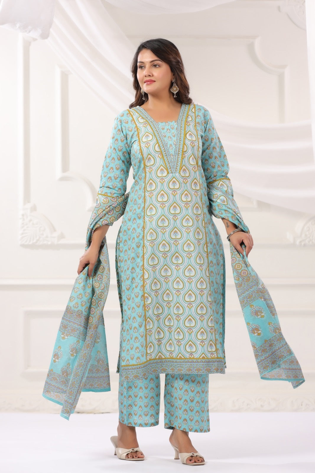Kavya Aqua Blue Cotton Suit Set For Women